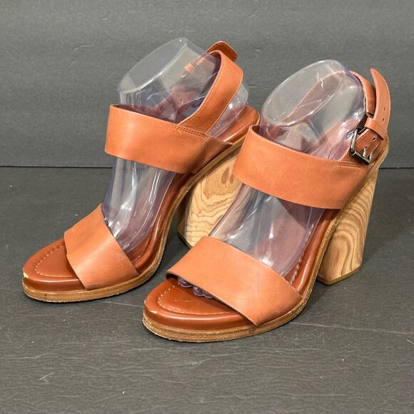 VINCE Haley Heels Women's 9.5 Chunky Block Wood Leather Open Toe Sandals Brown - Picture 7 of 11